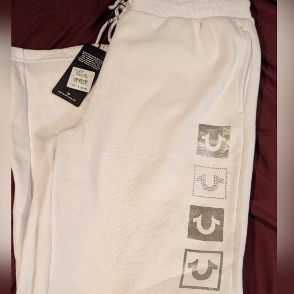 True Religion White and Silver Track Pants with Drawstring and Logo Detail